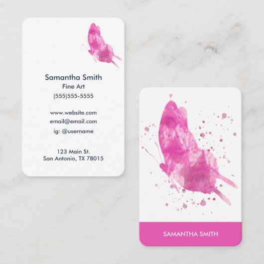 Moderne roze Waterverf vlinder Visitekaartje (Voorkant / Achterkant)
