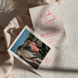 Moderne Roze Whimsical Heldere Retro Foto Bruiloft Kaart