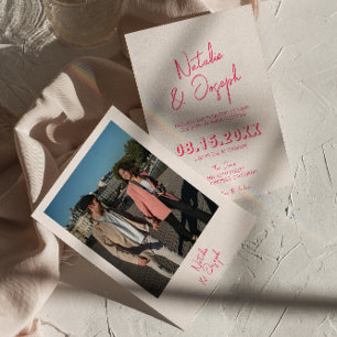Moderne Roze Whimsical Heldere Retro Foto Bruiloft Kaart