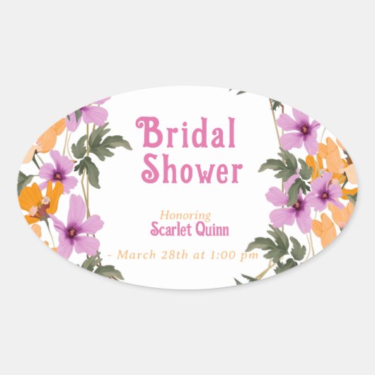 Moderne roze wilde bloem #2 bruidsdouche ovale sticker (Voorkant)