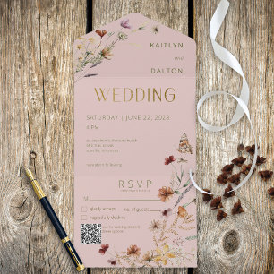 Moderne roze wilde bloem, Bouquet QR-code All In One Uitnodiging