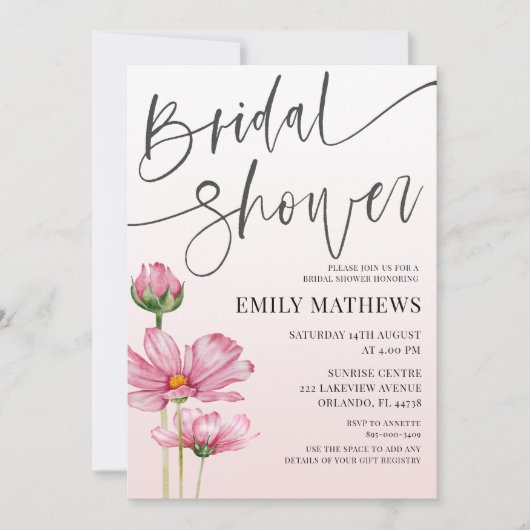 Moderne Roze Wilde Bloem Bruiloftfeest Kaart (Voorkant)