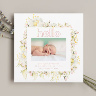 moderne roze wilde bloem meisje hallo baby geboort aankondiging
