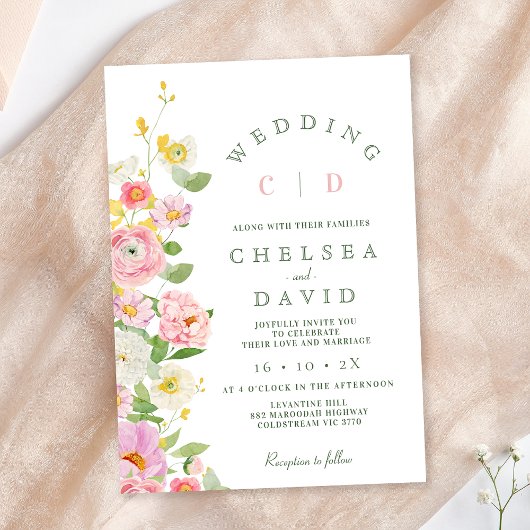 Moderne Roze Wit Monogram Bloemen Huwelijk Kaart