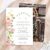 Moderne Roze Wit Monogram Bloemen Huwelijk Kaart