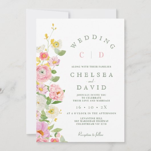 Moderne Roze Wit Monogram Bloemen Huwelijk Kaart (Voorkant)