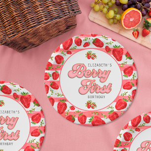 Moderne Roze Witte Aardbei Verjaardag Bes Eerste Papieren Bordje