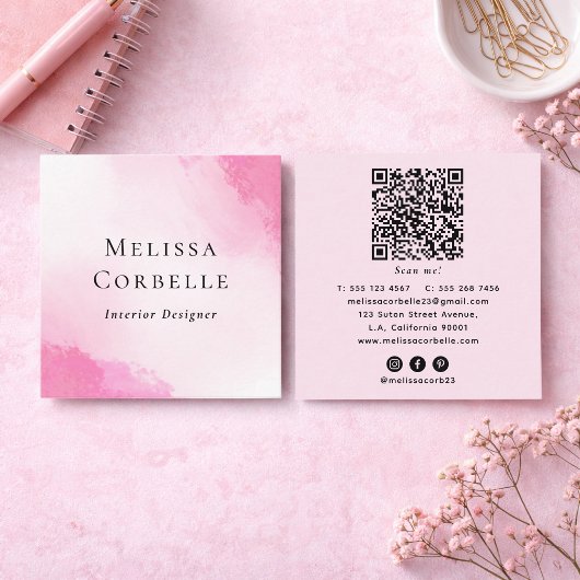 Moderne Roze & Witte Abstracte Aquarel QR Code Vierkante Visitekaartje