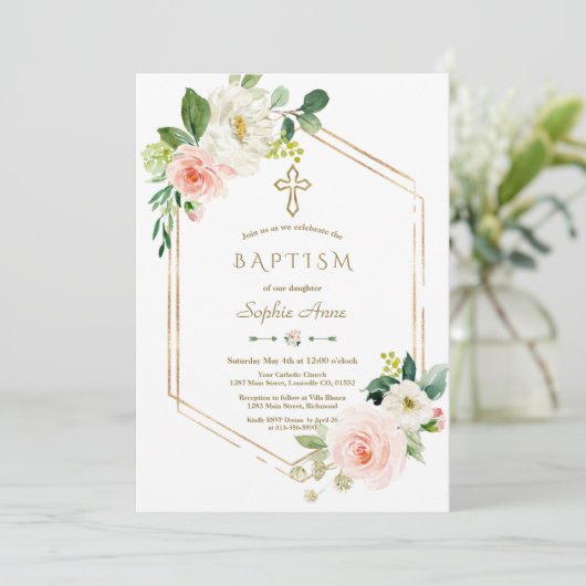 Moderne Roze Witte Bloemen Bloeien Gouden Kruis Do Kaart (Staand voorkant)