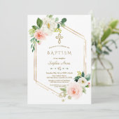Moderne roze witte bloemen bloom Gold Cross Baptis Kaart (Staand voorkant)