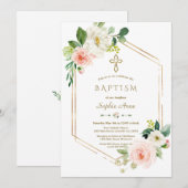 Moderne roze witte bloemen bloom Gold Cross Baptis Kaart (Voorkant / Achterkant)