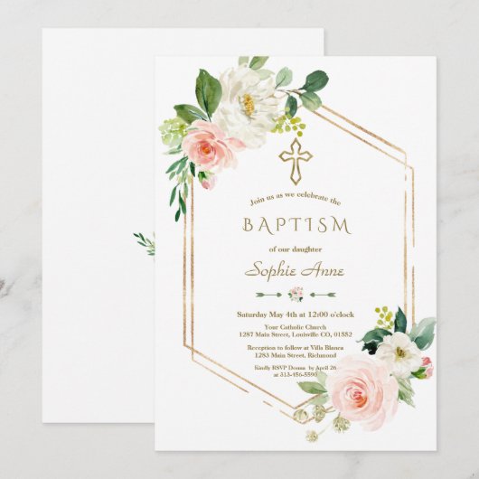 Moderne roze witte bloemen bloom Gold Cross Baptis Kaart (Voorkant / Achterkant)