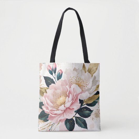 Moderne Roze & Witte Bloemen Groen & Gouden Bladgr Tote Bag (Voorkant)
