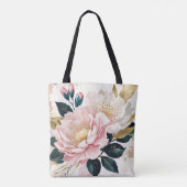 Moderne Roze & Witte Bloemen Groen & Gouden Bladgr Tote Bag (Achterkant)