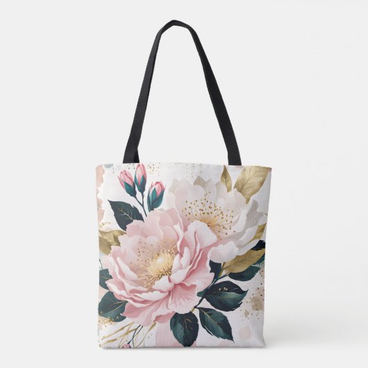 Moderne Roze & Witte Bloemen Groen & Gouden Bladgr Tote Bag (Achterkant)
