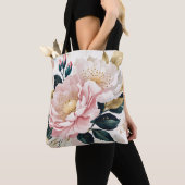 Moderne Roze & Witte Bloemen Groen & Gouden Bladgr Tote Bag (Dichtbij)