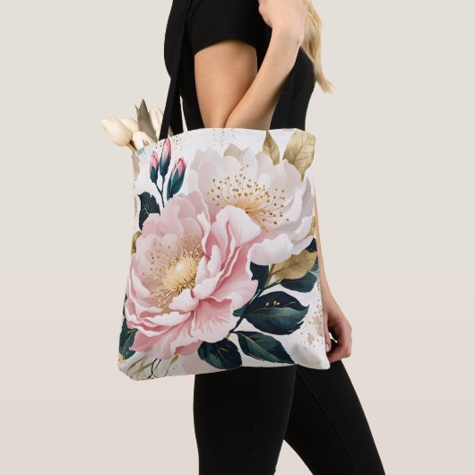 Moderne Roze & Witte Bloemen Groen & Gouden Bladgr Tote Bag (Dichtbij)
