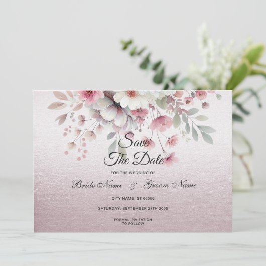 Moderne roze witte bloemen sparen de datum save the date (Staand voorkant)
