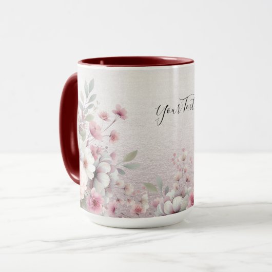 Moderne roze witte bloemenkoffiemok mok (Voorkant links)