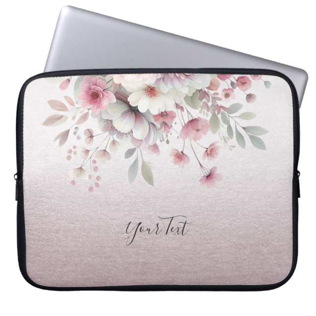 Moderne roze witte bloemenlaptophoes laptop sleeve (Voorkant)
