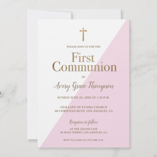 Moderne Roze Witte Gouden eerste communie meisje Kaart (Voorkant)