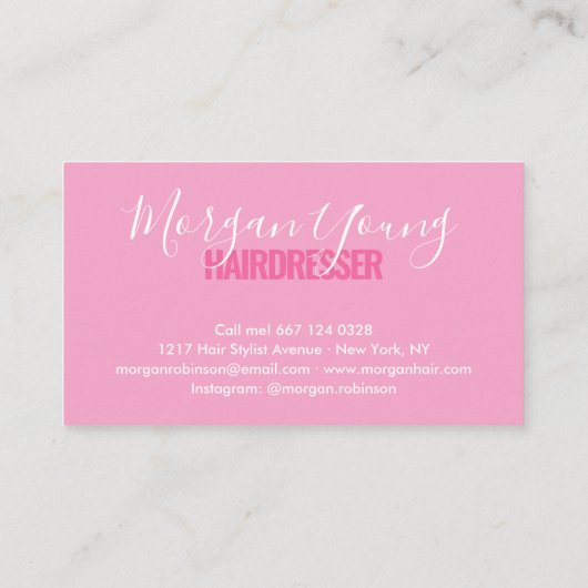 Moderne roze witte haarstylist script visitekaartje (Achterkant)