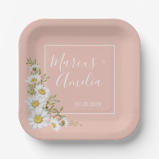 Moderne  Roze & Witte Madeliefjes Bruiloft Papieren Bordje (Voorkant)