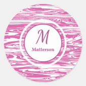 Moderne roze witte patroonmonogram op maat ronde sticker (Voorkant)