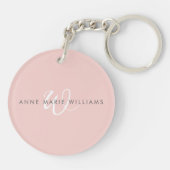 Moderne Roze Witte Script Monogram Sleutelhanger (Achterkant)