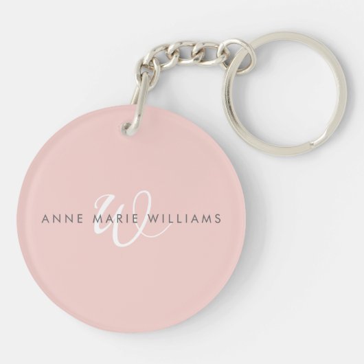 Moderne Roze Witte Script Monogram Sleutelhanger (Achterkant)