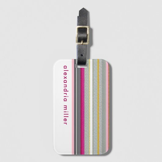 Moderne roze witte streep-monogram bagagelabel (Voorkant (verticaal))