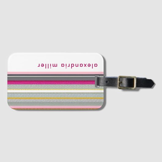 Moderne roze witte streep-monogram bagagelabel (Voorkant (horizontaal))