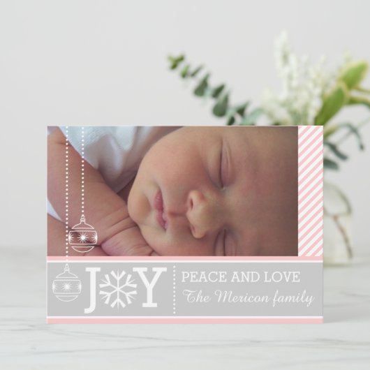 Moderne roze witte strepen grijs kerstfeest feestdagenkaart (Staand voorkant)