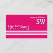 Moderne roze witte strepen met monogram en foto visitekaartje (Voorkant)