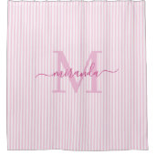 Moderne Roze & Witte Strepen Monogram Naam Douchegordijn (Voorkant)