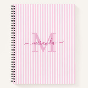 Moderne Roze & Witte Strepen Monogram Naam Notitieboek