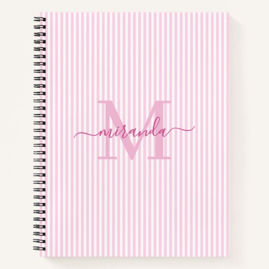 Moderne Roze & Witte Strepen Monogram Naam Notitieboek (Voorkant)