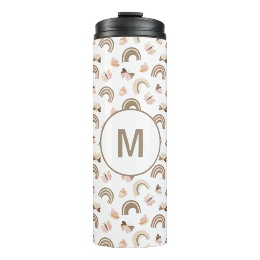 Moderne Roze Witte Vlinders Regenboog Monogram Thermosbeker (Voorkant)