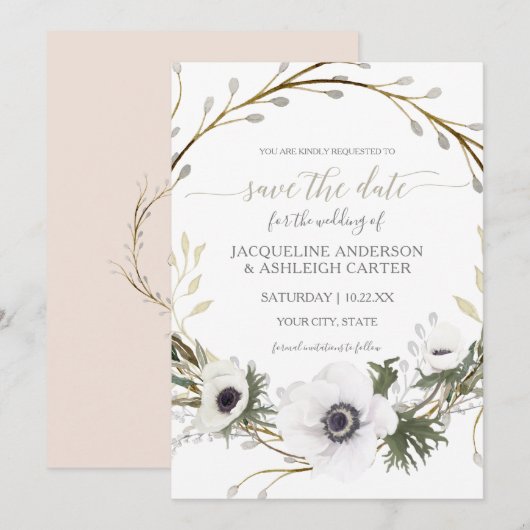 Moderne Roze Witte Wilg Eucalyptus Save the Date Kaart (Voorkant / Achterkant)