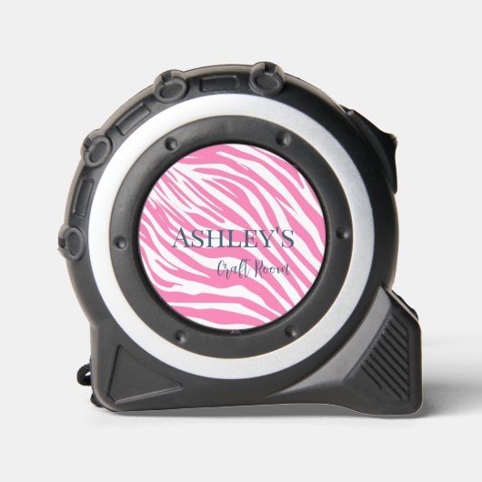 Moderne Roze Zebra Aangepaste Naam Tape Maatregel Rolmaat (Voorkant)