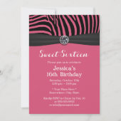 Moderne roze Zebra Stripes Black Ribbon Sweet 16 Kaart (Voorkant)