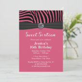 Moderne roze Zebra Stripes Black Ribbon Sweet 16 Kaart (Staand voorkant)