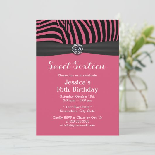 Moderne roze Zebra Stripes Black Ribbon Sweet 16 Kaart (Staand voorkant)