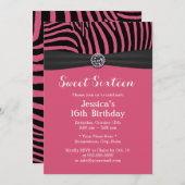 Moderne roze Zebra Stripes Black Ribbon Sweet 16 Kaart (Voorkant / Achterkant)