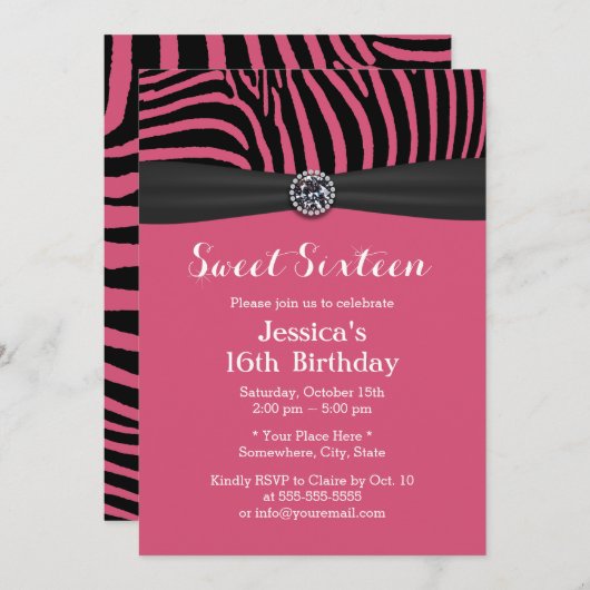 Moderne roze Zebra Stripes Black Ribbon Sweet 16 Kaart (Voorkant / Achterkant)