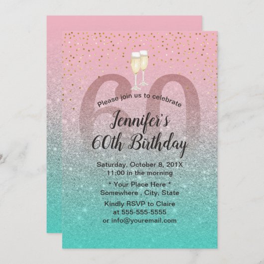 Moderne roze zilver Blauwgroen Glitter 60-jarige P Kaart (Voorkant / Achterkant)