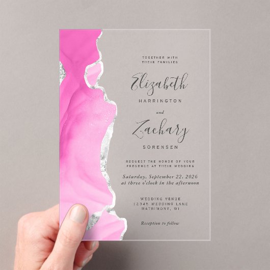 Moderne Roze Zilveren Agaat Bruiloft Acryl Uitnodigingen (Insitu (Draagbaar))