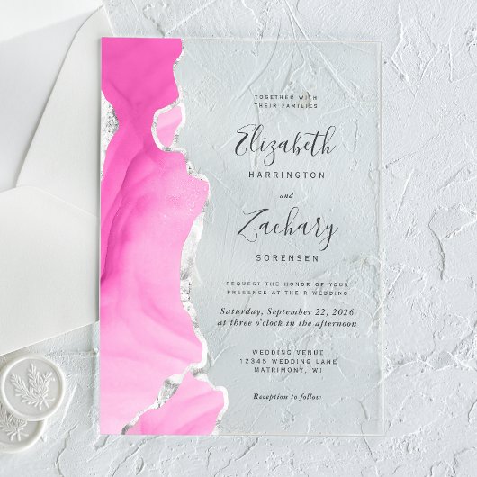 Moderne Roze Zilveren Agaat Bruiloft Acryl Uitnodigingen