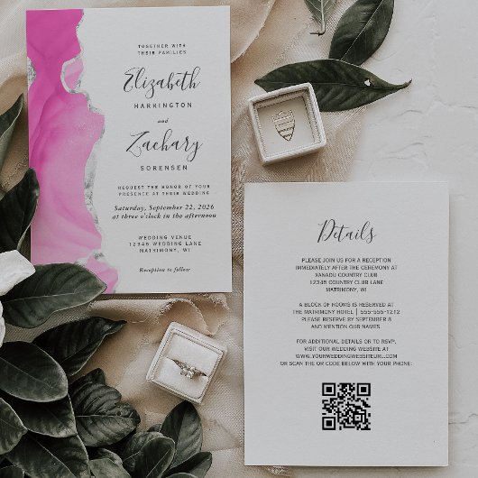 Moderne roze zilveren agaat QR-code bruiloft Kaart