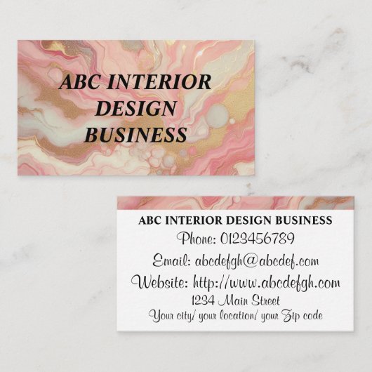 Moderne roze zilveren marmeren textuur en typograf visitekaartje (Voorkant / Achterkant)